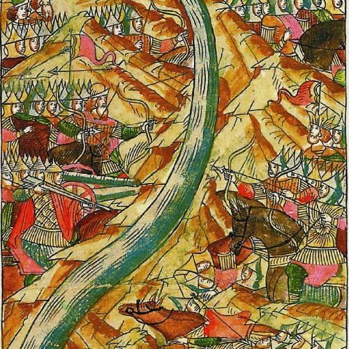 Стояние на Угре. 1480 г. Фото: Неизвестные русские миниатюристы, 1560-1570-е годы (Царский скрипторий в Александровской слободе) Лицевой Летописный свод (в 10 томах: pdf, pdf с переводом)Public domain image, Public domain, через Викисклад